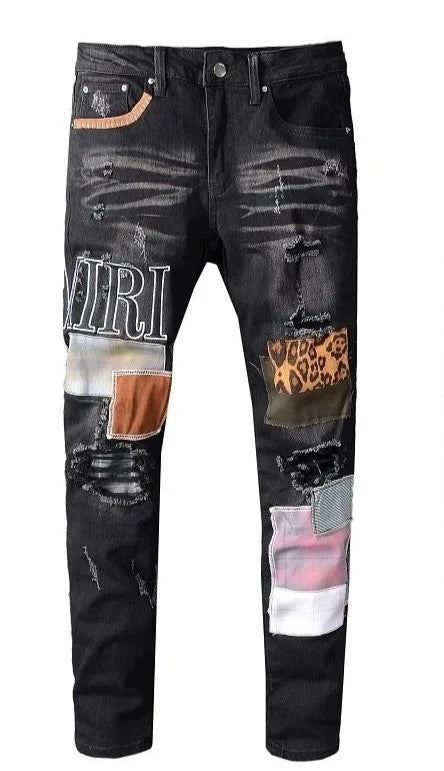 AMIRI jeans Ripped Embroidery Patchwork Ripped Leopard