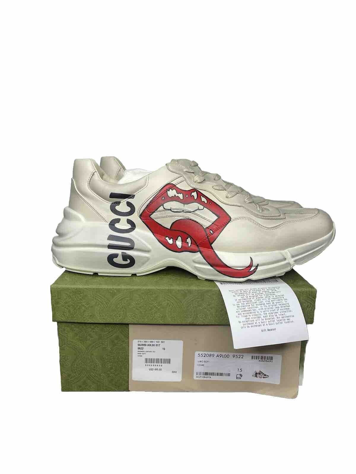 GUCCI Rhyton Printed Distressed Leather Sneakers “Red Lips”