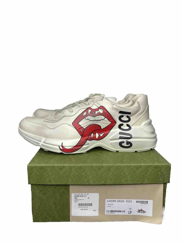 GUCCI Rhyton Printed Distressed Leather Sneakers “Red Lips”